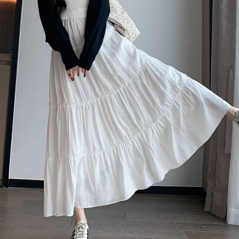 Spring Summer Women Long Fashion High Waist Elastic Patchwork A-Line Skirt Casual All-Match White Cake Maxi Skirts Female dongdumaoyi