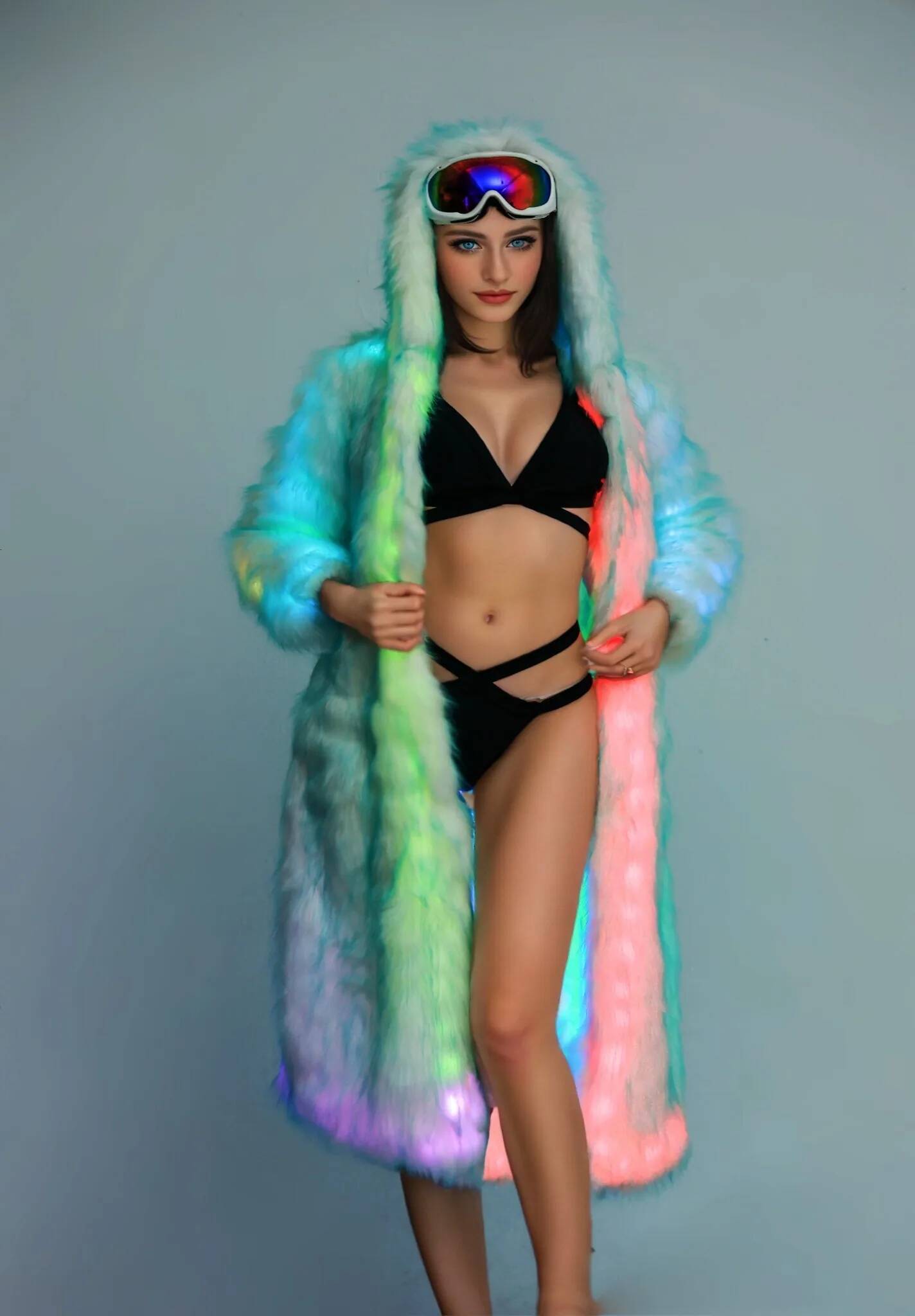 FHILLINUO Faux Women's Fashion Thick Fox Leather Led Light Up Rave Jacket Plus Size Especially Fake Fur Cold Coat