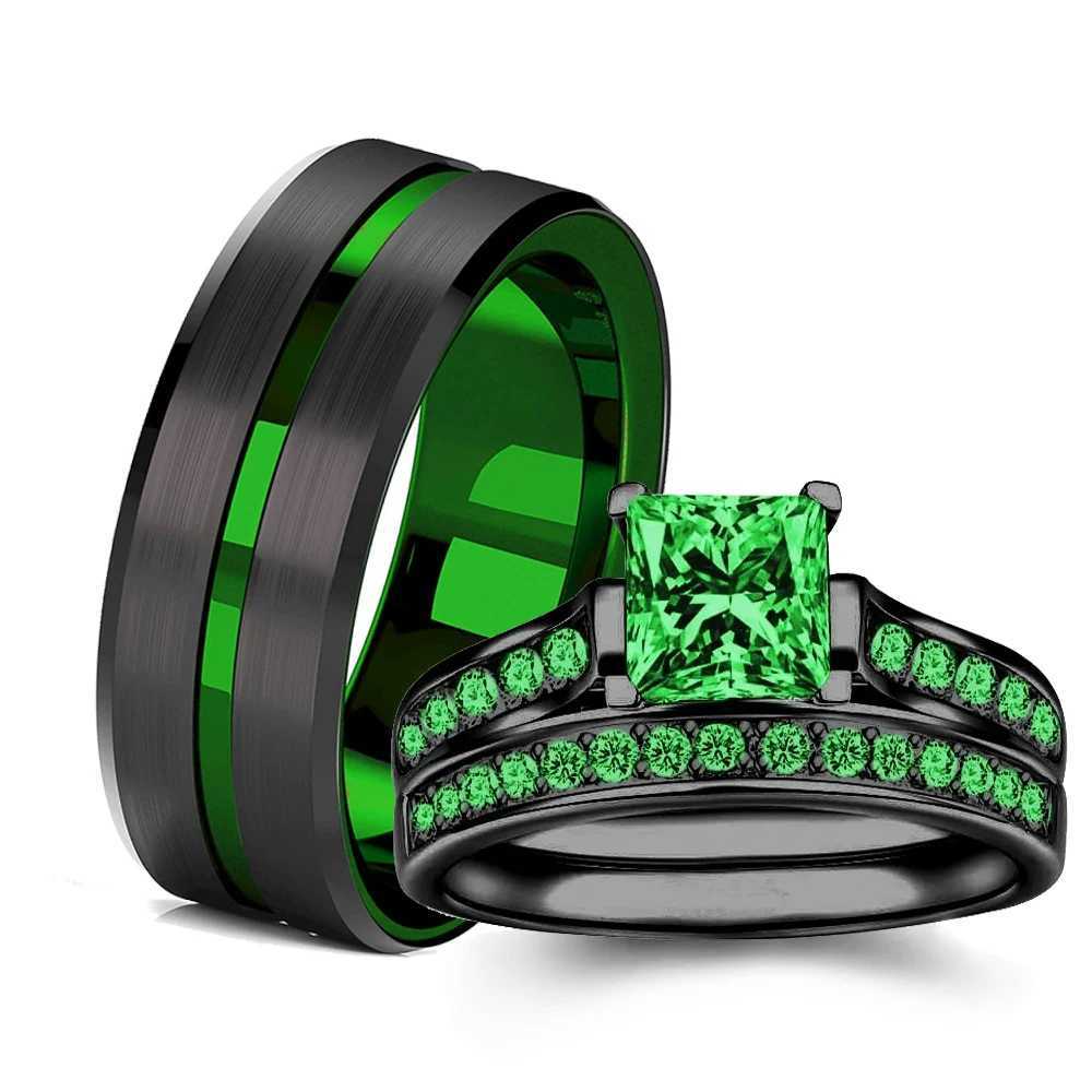 Charm Couple Rings Romantic Women Green Rhinestones Rings Set Trendy Mens Stainless Steel Rings Wedding Jewelry For Lover Gifts W250911