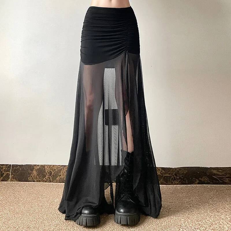 Dark Mall Goth High Waist Mesh Patchwrok Mid Skirts Sexy Hem Split Ruched Bodycon Skirt E-girl Y2K Streetwear Alt Bottoms dongdumaoyi