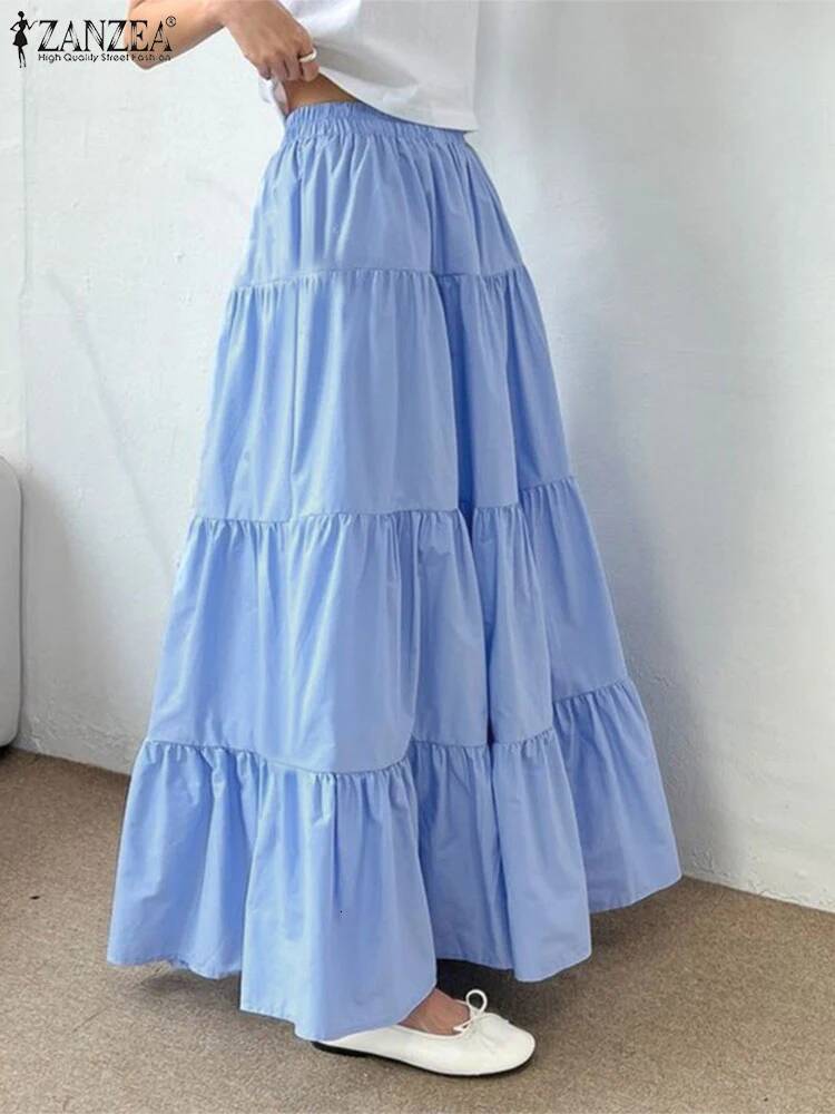 Women Korean Fashion Tiered Maxi Skirt Elastic Waist Casual Solid Color A-line Faldas Mujer Holiday Streetwear Long Jupes dongdumaoyi