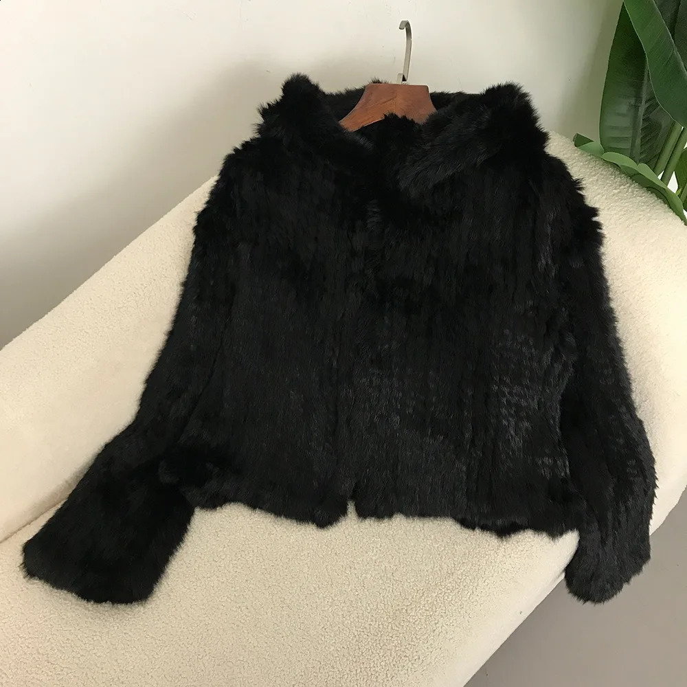 Rabbit fur womens coat Autumn and winter encrypted thickened handwoven doublesided hooded Korean short for women 250911