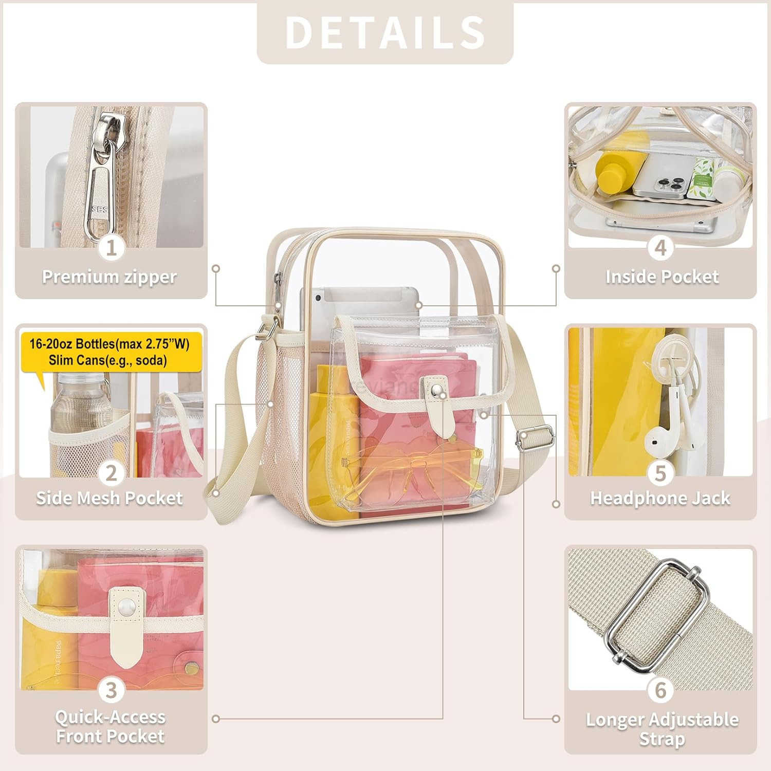 Clear Crossbody Bag for Stadium Events Concerts Adjustable Shoulder Strap Purse with 1 Bottle HolderW250911