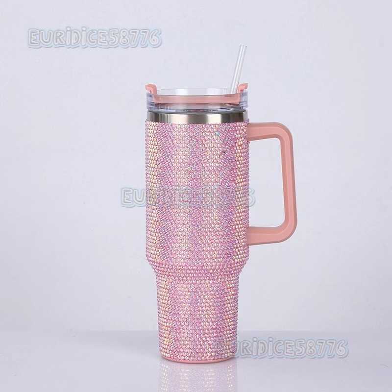 40oz Handle Cup Large Capacity 304 Stainless Steel Handmade Rhinestone Car Cup H250911