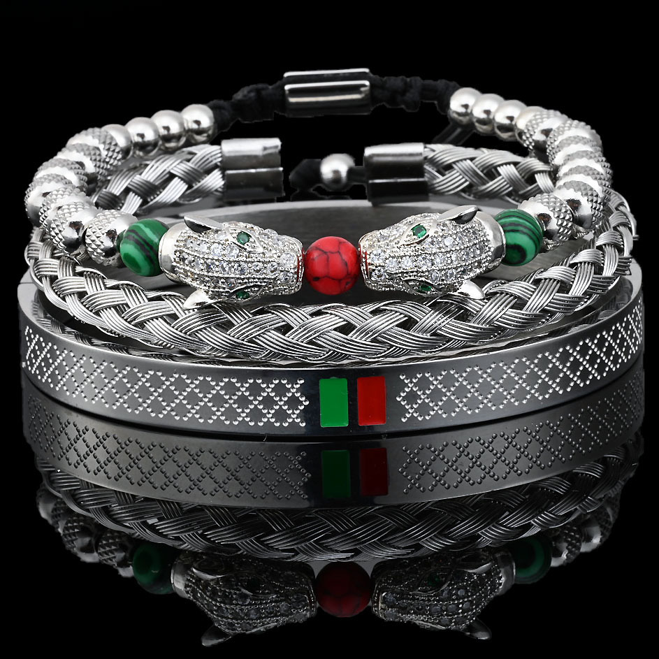 Luxury Brand Designer Jewelry Stainless Steel Double Leopard Head Natural Stone Braided Bracelet Fashion C-Shaped Titanium Steel Bracelet Set for Wome