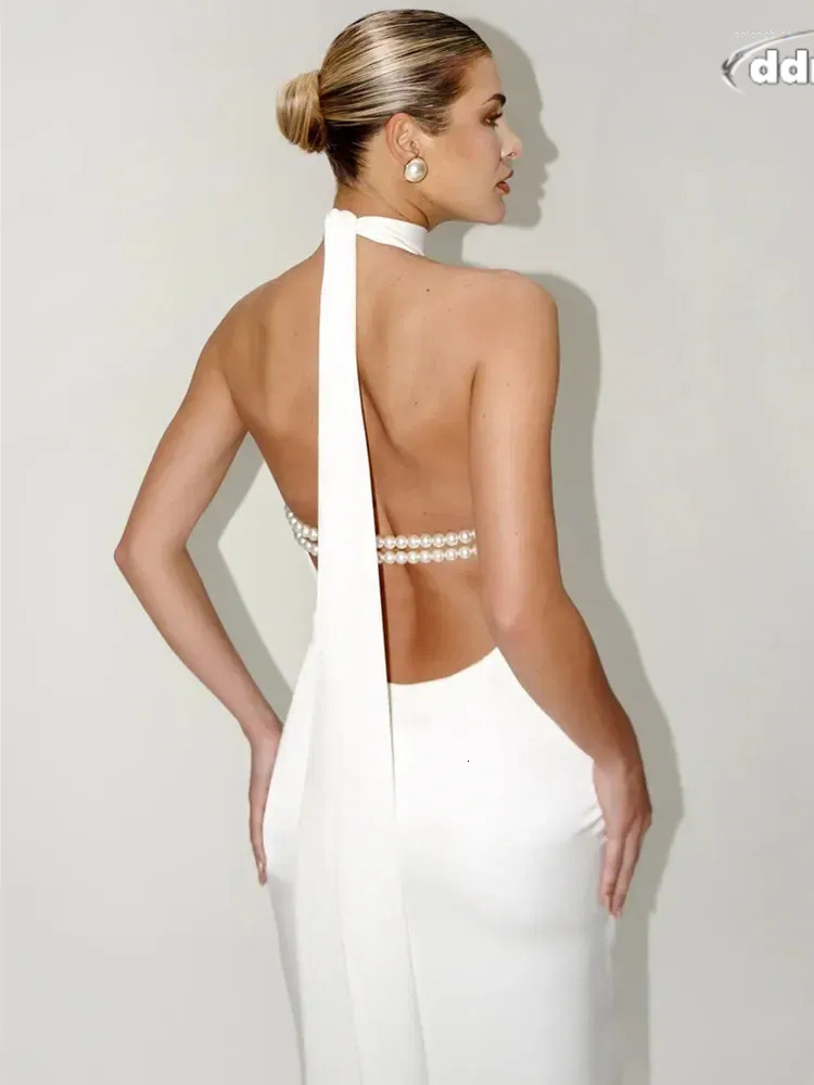 Casual Dresses Chic Women Celebrity Sexy Backless Halter Pearl Black White Maxi Long Bodycon Dress Elegant Evening Club Party Outfit TUES