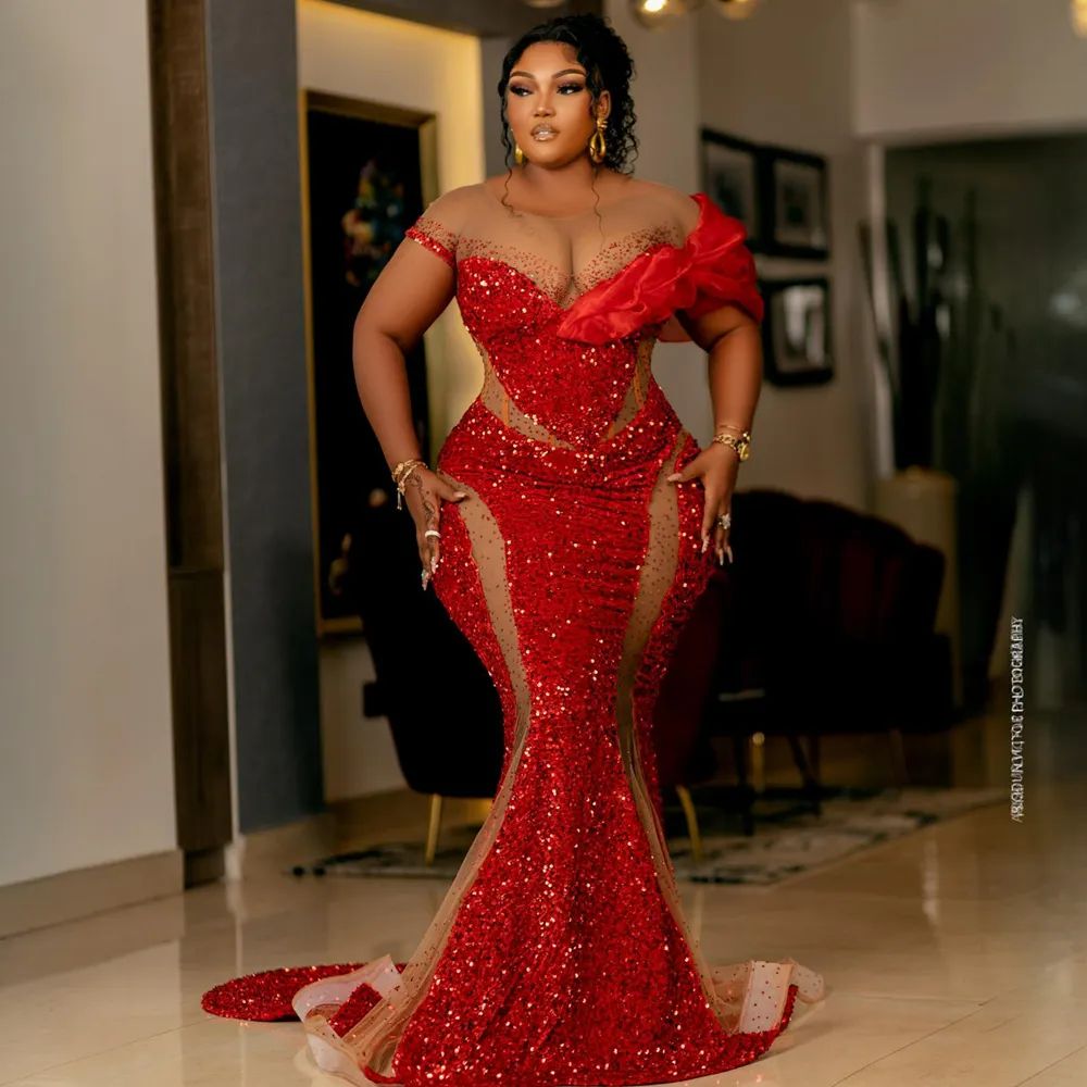 2025 Aso Ebi Prom Dresses Plus Size Red Mermaid Sparkling Sequins Lace Short Sleeves Evening Dresses Birthday Party Dress Engagement Gowns Vestido De 