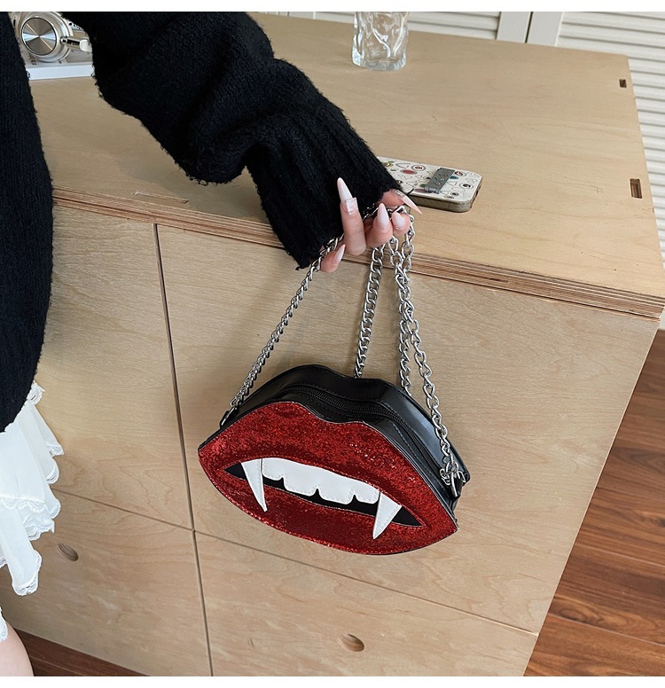 Halloween Autumn New Red Lips, Sharp Teeth, Personalized Style, Niche Design, Trendy Fashion, Women's Shoulder Bag, Designer Bag