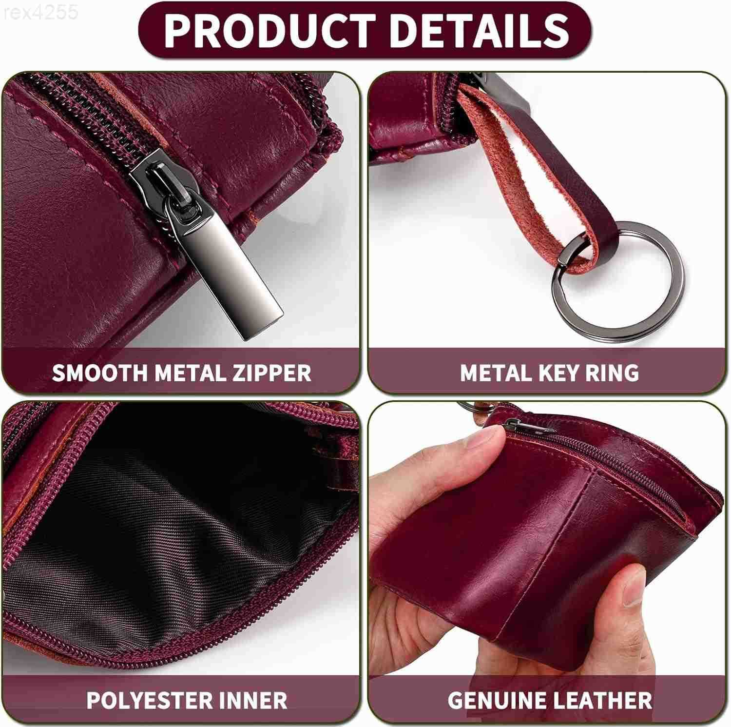 Red Genuine Leather MultiFunctional Wallet Compact Card Holder Coin Purse Key Organizer with 3 Zippers Builtin Key Ring Perfect for Travel Work Daily 