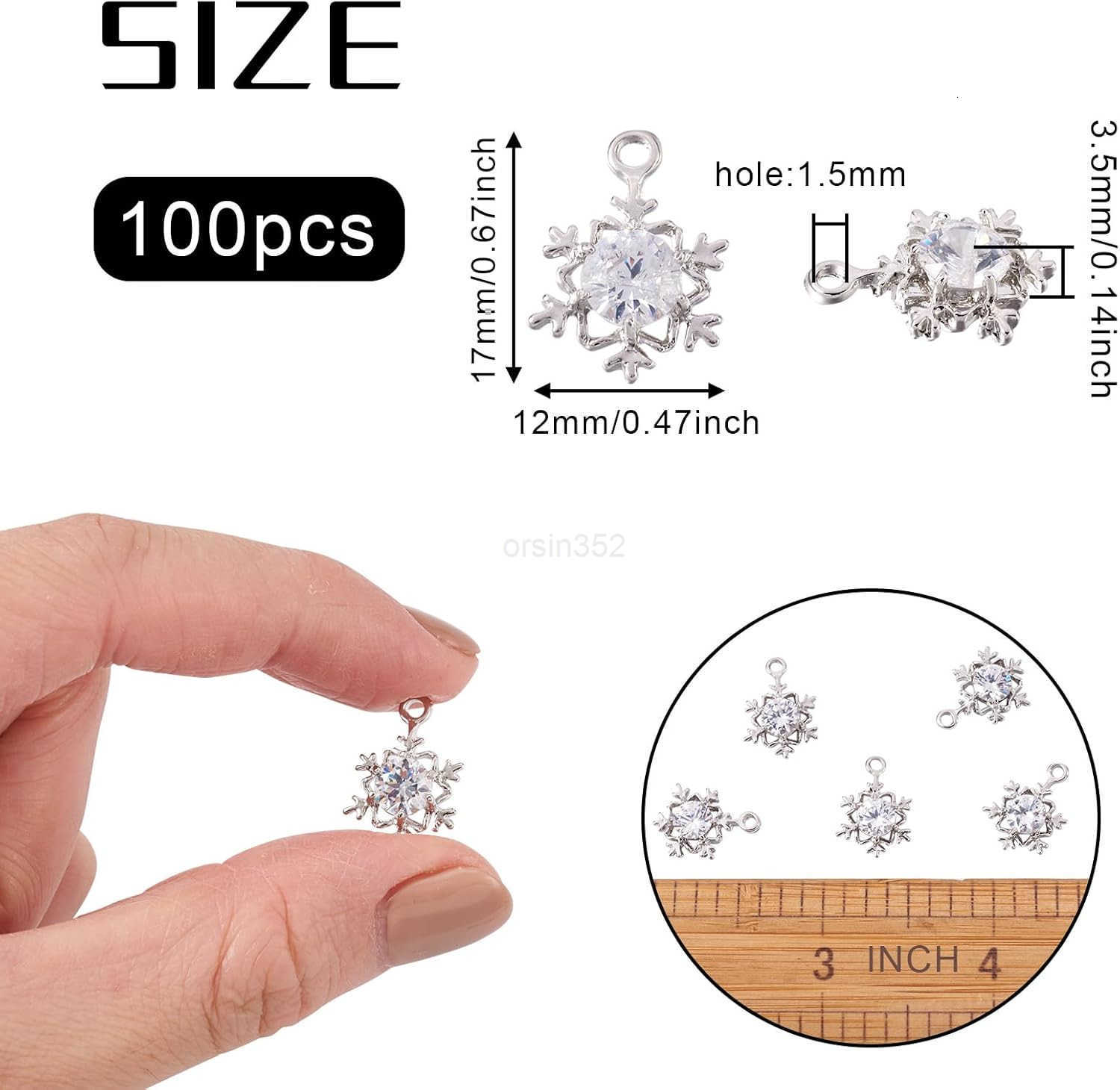 100Pcs Cubic Zirconia Alloy Charms Snowflake Shaped Platinum Christmas Pendants Sparkly Holiday Charms for Necklace Earring Jewelry Making DW250911