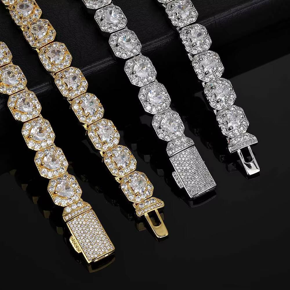 NUOYA High Quality 10mm Iced Out Heart Shape CZ Diamond Chain Jewelry for Women 18k Gold Plated Cluster Tennis Bracelet