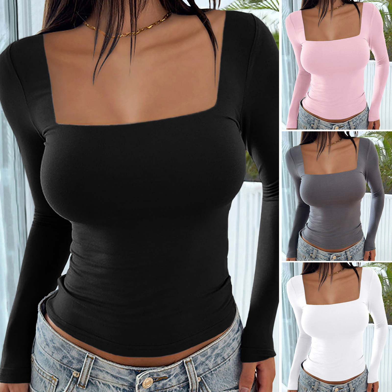 2025 Spring/Summer New Square Neck Long Sleeve Hoodie Tight Casual Fashion Women's Autumn/Winter New Designer Knitted Clothing
