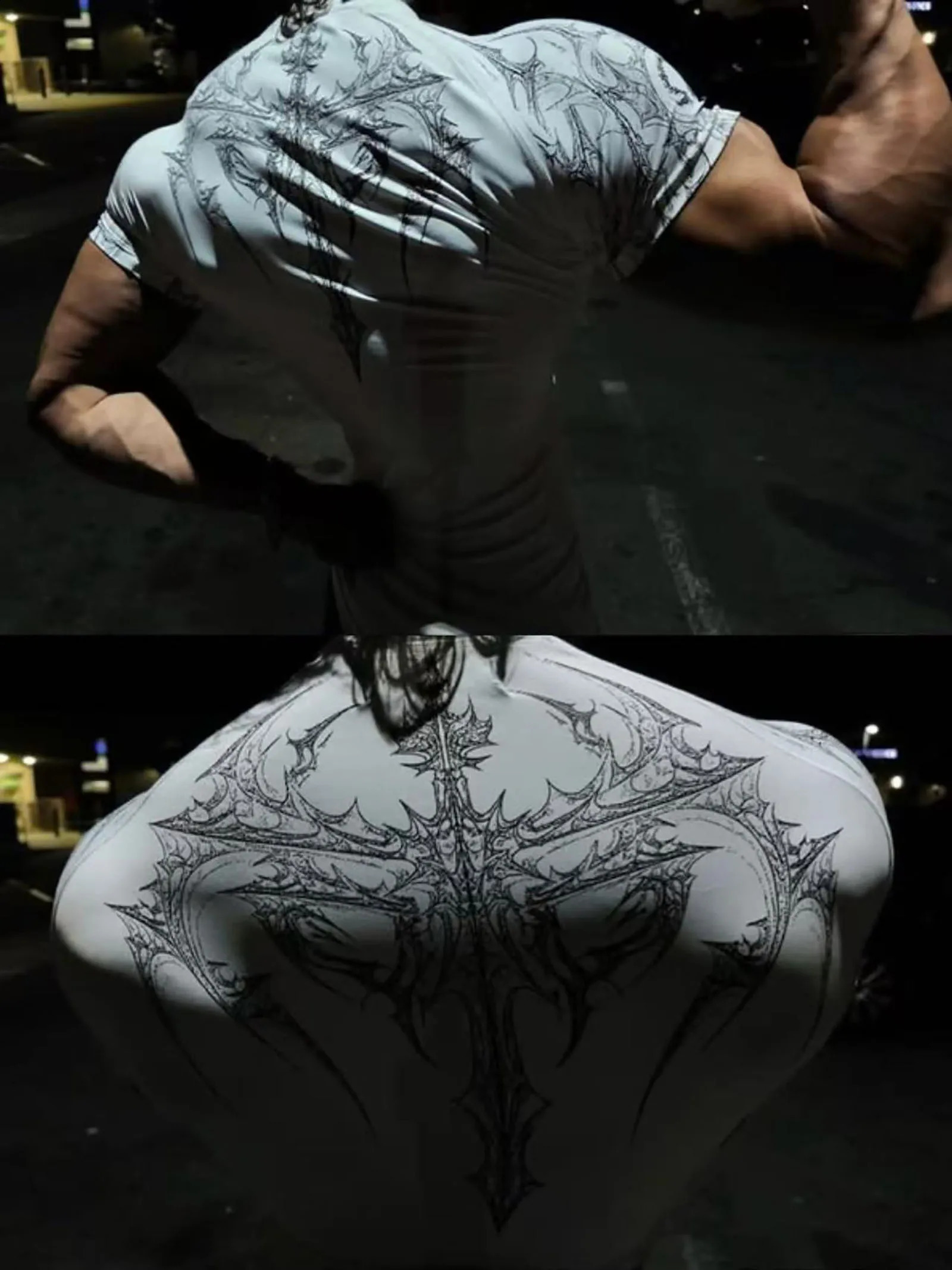 GYM Tshirt Mens Dark Gothic Print Muscle Tee High Elasticity And Quick Drying Exercise For Bodybuilding Training 2025 Summer 250910