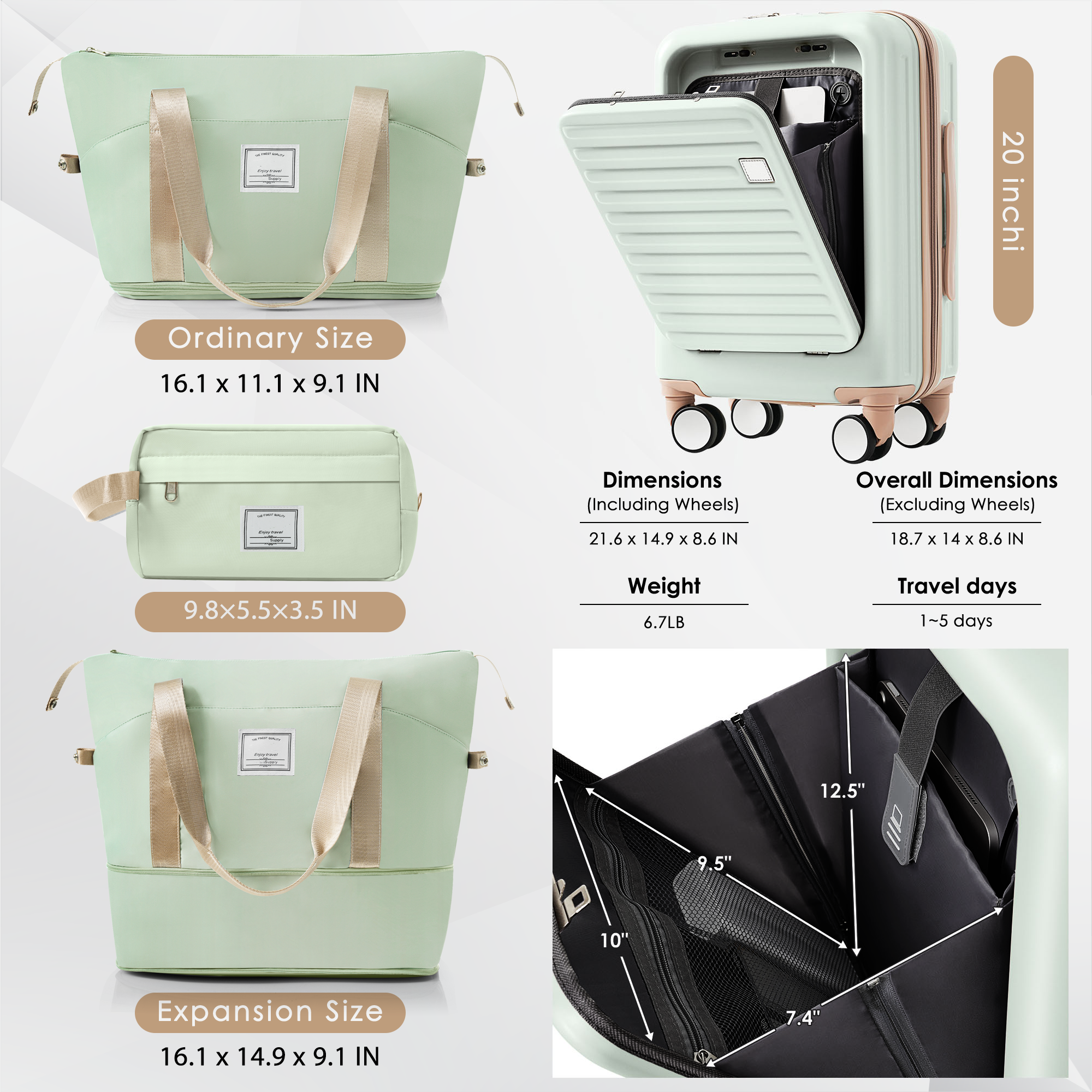 Luggage Set 4 with USB Charging Ports - 20in Carry-On (Front-Opening for Laptop) 28in Suitcase with TSA Lock Travel Duffel Bag Wet-Dry Toiletry Bag