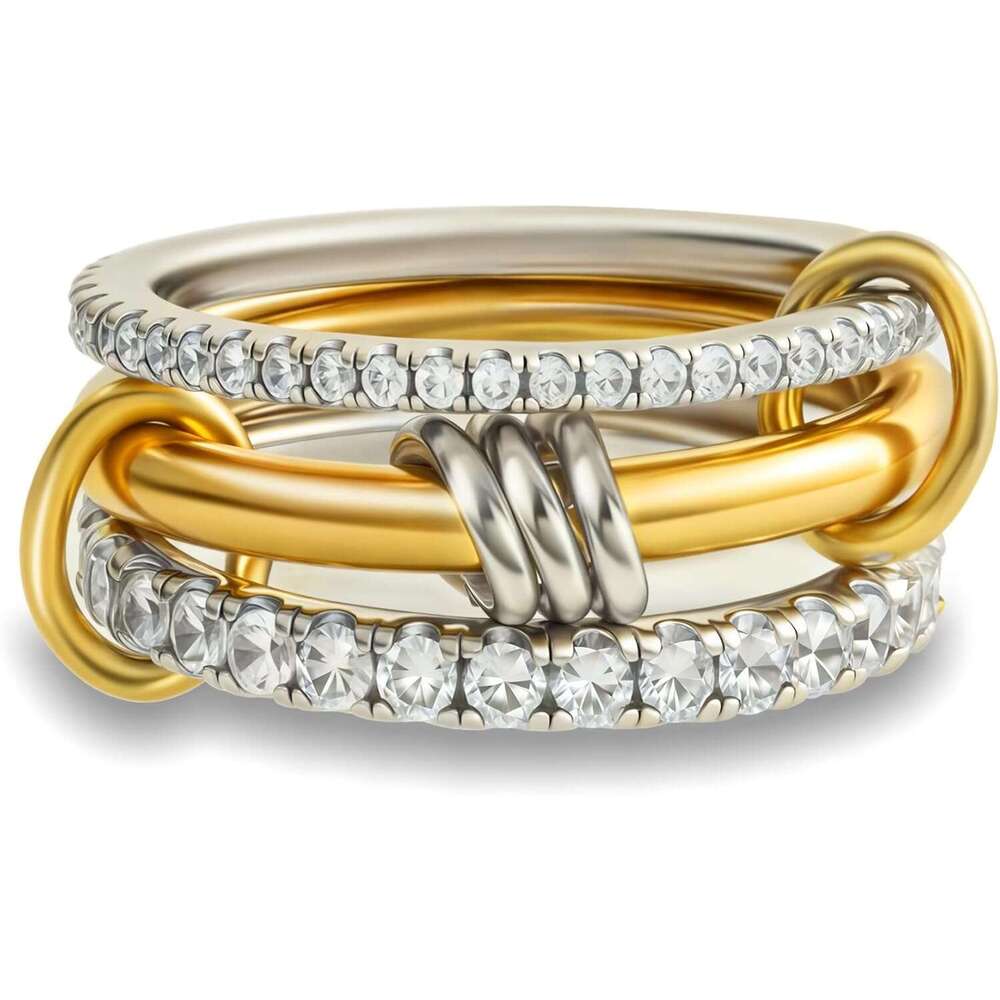 Stackable for Women Non Tarnish,Dainty Plated CZ Cubic Zirconia Rings,Sier and Gold Set,Multi-Link Connected Rings