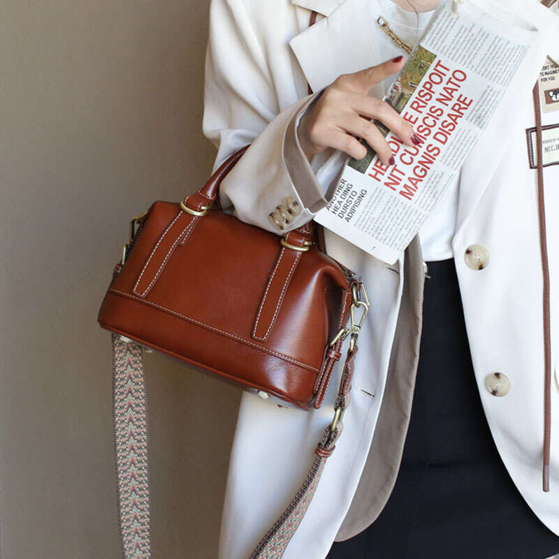 Genuine Leather New Vegetable Tanned Oil Wax Top Layer Cowhide Boston Large Capacity Handbag Women's Crossbody Bag