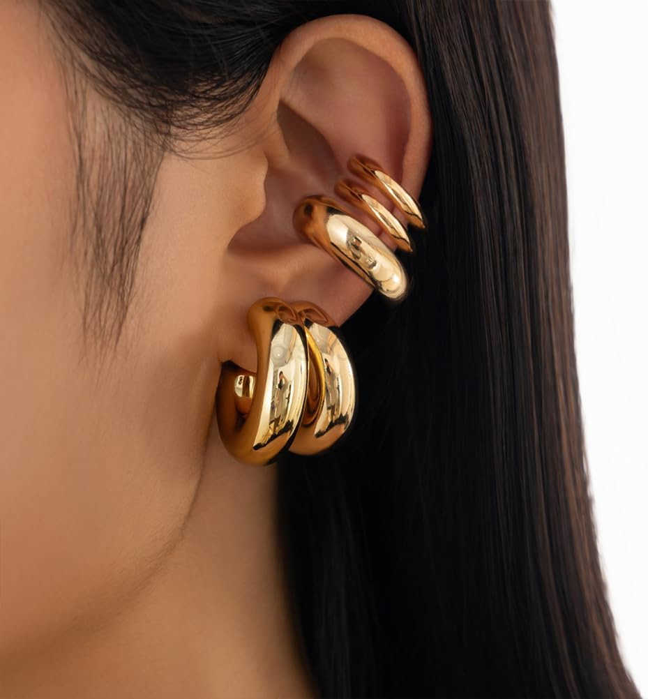5Pcs Ear Cuff Earrings Statement Gold Round Huggie Hoop Chunky Big Silver Clip On Non Piercing Cuff Earring for Women Charm Thick Trendy Party Jewelry