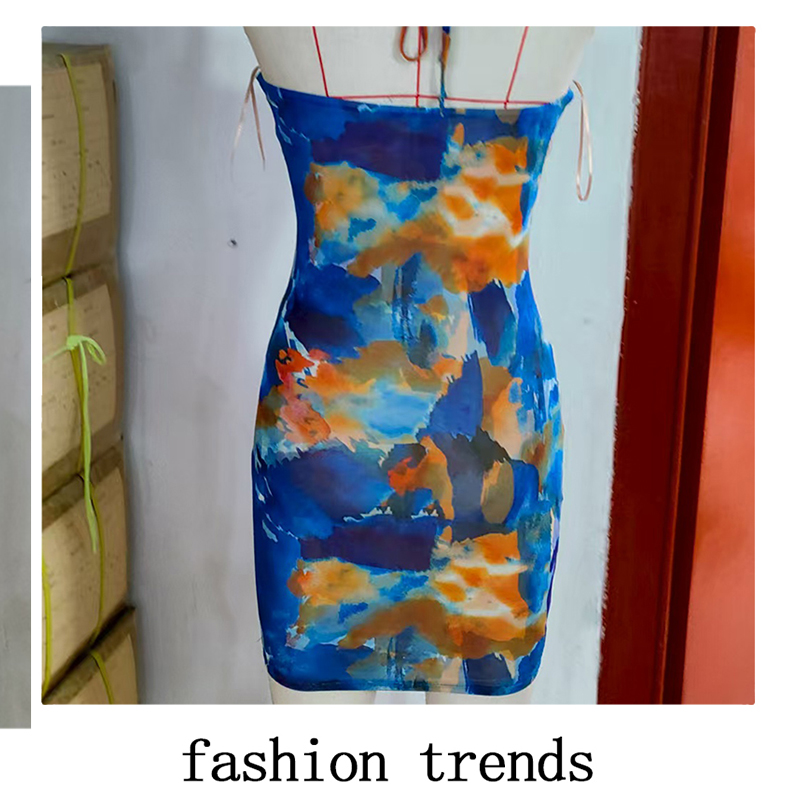 Women's Sleeveless Halter Neck Bodycon Mini Dress with Colorful Abstract Print