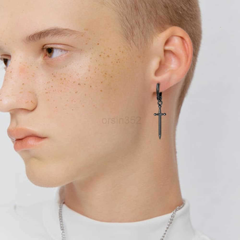 Clip on Dagger Sword Minimalist Dangle Drop Small Hoop Earrings for Men Women Boys Non Pierced Ear 316L Stainless Steel Charms Fake Huggie Hoops Carti
