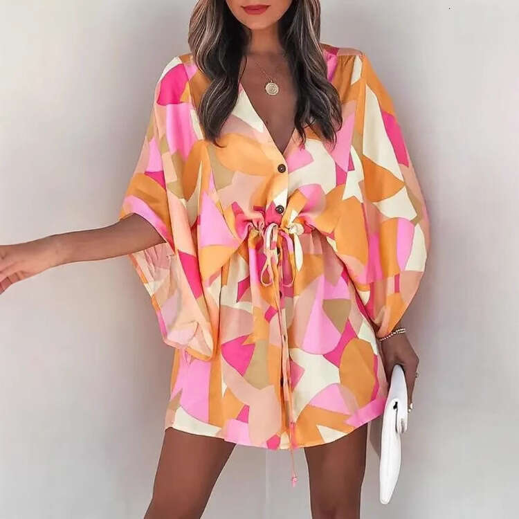2025 Cross-Border European and American Summer Flutter Sleeve A-Line V-Neck Tie Casual Vacation Short Dress