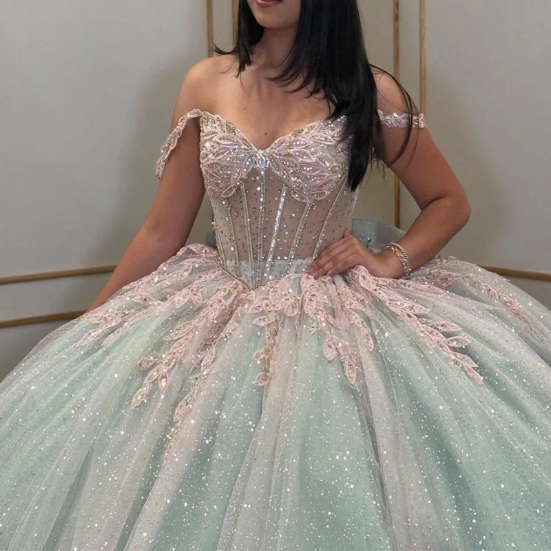 Light Blue Shiny Off The Shoulder Quinceanera Dresses Ball Gown Applique Lace Beads Bow Party Birthday Sweet 16 Dress Vestidos De 15 Anos