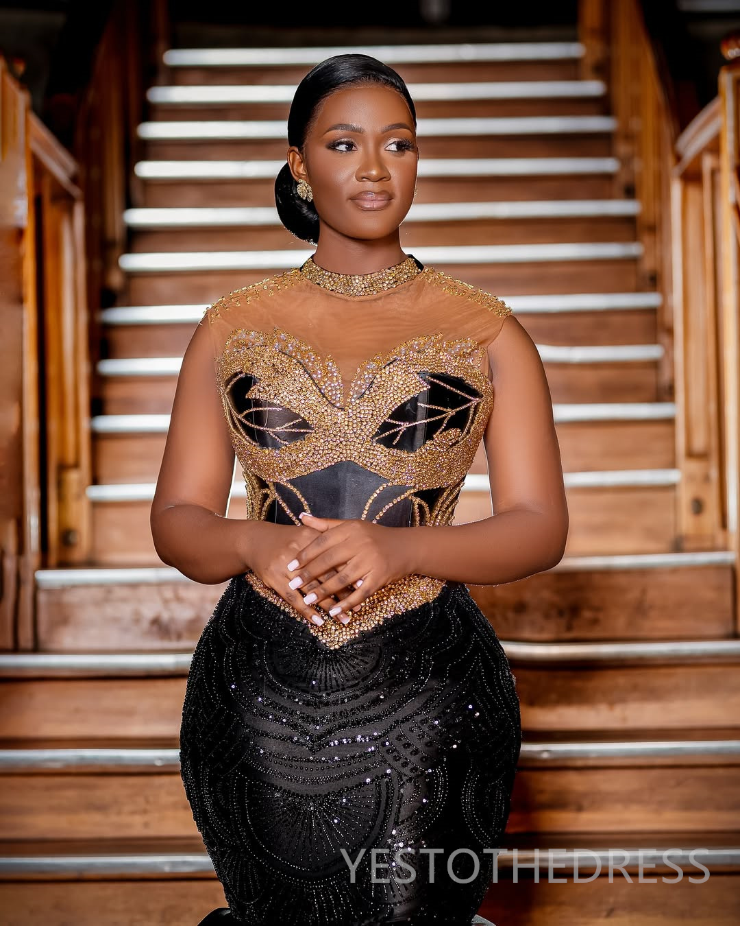 2025 Mermaid Black Prom Dresses For Black Women Evening Dresses Formal Gowns High Neck Beaded Crystals Birthday Dress Second Reception Gown AM2848