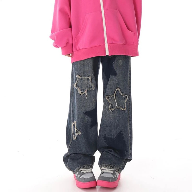 AIJUNER High Waisted Jeans Y2K Fashion Women Star Printed Blue Straight Leg Denim Pants Trousers Mom Jean Baggy 250911