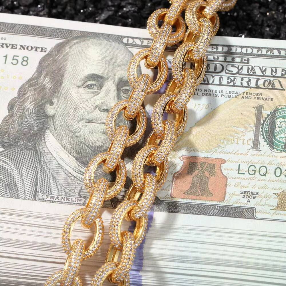 12mm Hiphop Full Iced Out O Shape 18K Gold Plated Rolo Chain for Mens Jewelry