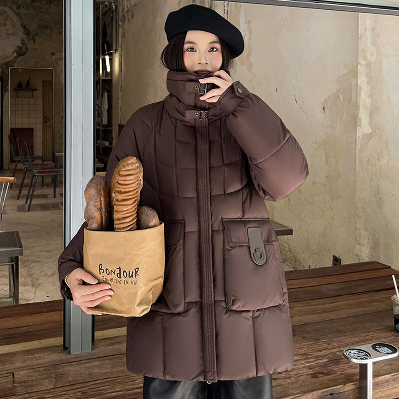 Winter Korean Style Loose Slimming Thickened Down Jacket for Women, Mid-Length Lamb Wool Spliced High Collar Cotton Coat