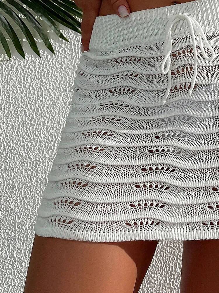 Beach Fashion Elegant Solid Color Hollow Bikini Blocked Knitted Short Skirt dongdumaoyi
