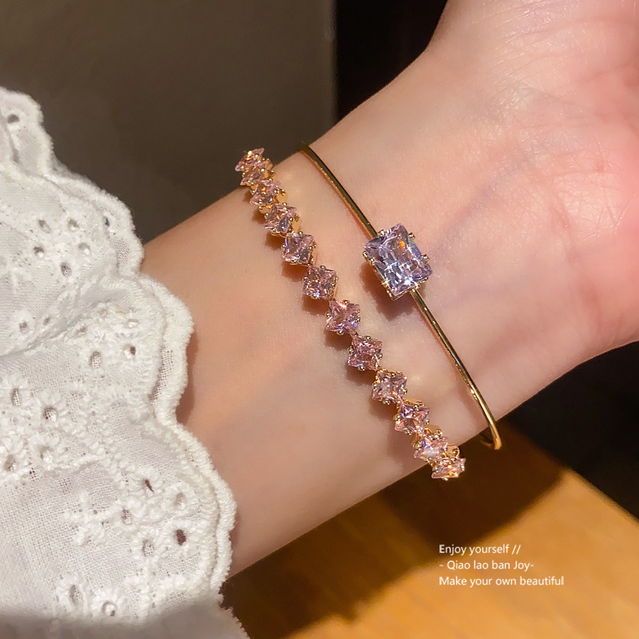 Gold - Toned Bangle With Pink & Clear Square Crystals, Statement Central Stone Design Delicate Daily & Glamorous Jewelry Gift For Her High - Quality A