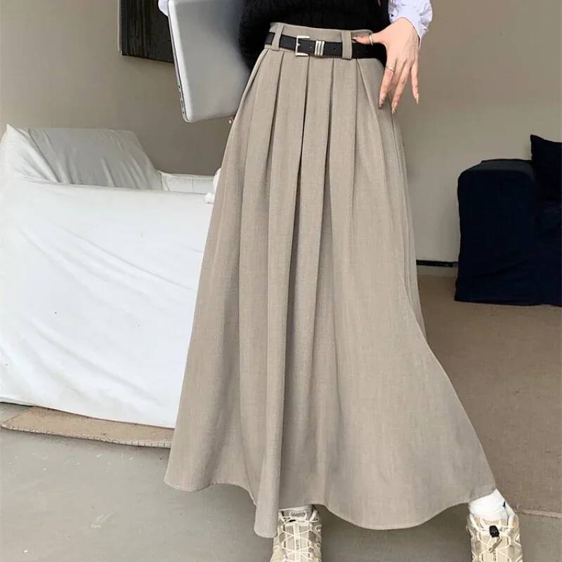 2024 New Korean Solid Color Versatile Mid-length Pleated Large Swing Type Skirt Female Long Skirts for Women dongdumaoyi