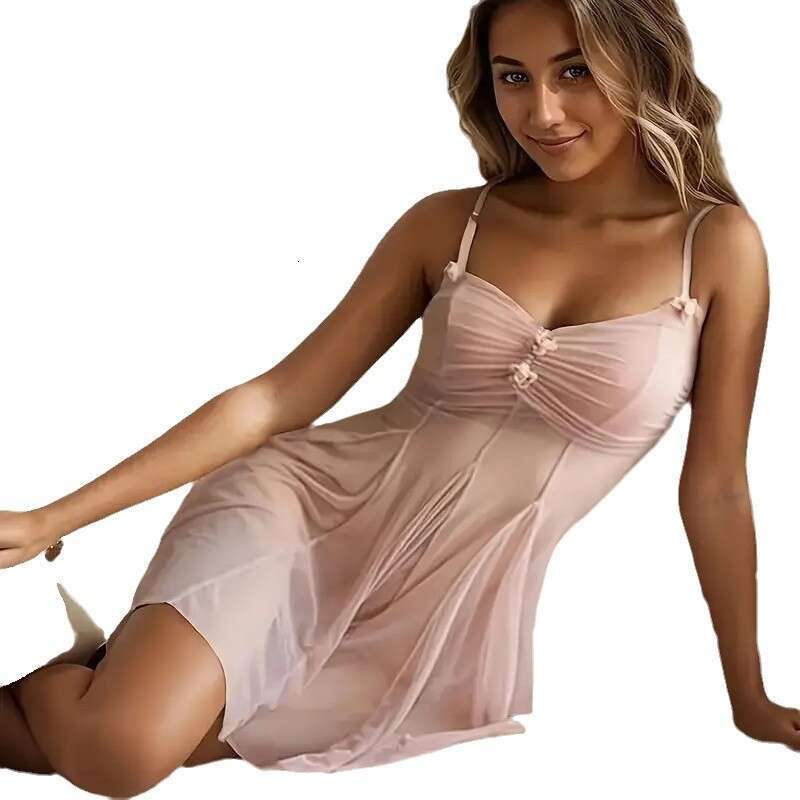 Mesh sexy pajamas, see through seductive camisole dress, bow details, ideal choice for romantic nights and home wear