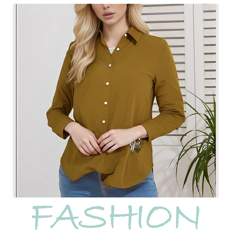 Women's Long Sleeve Collared Shirt with Cartoon Embroidery - Mustard Yellow