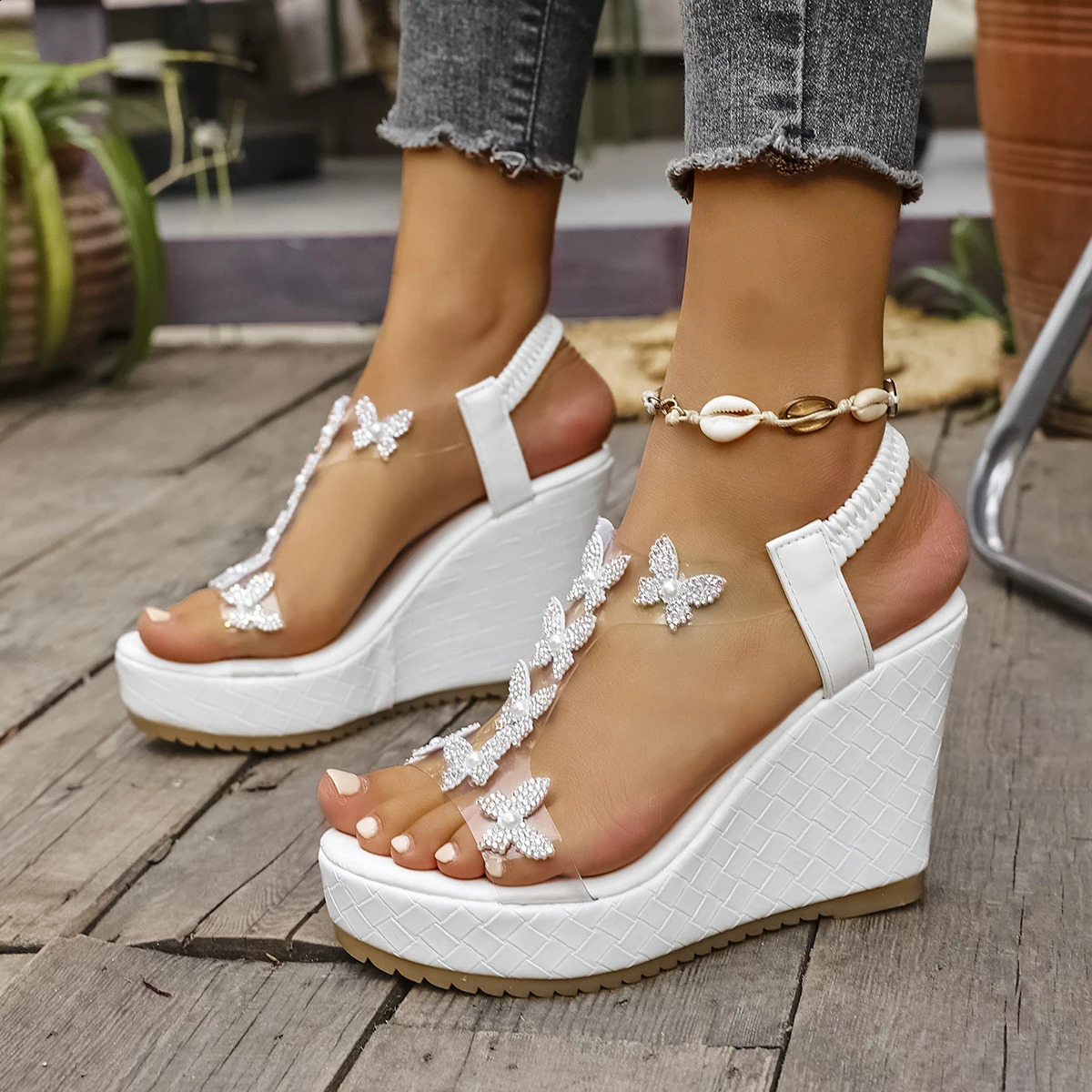 Elegant Pearl Bowtie Wedge Sandals Women Summer White Chunky Platform Sandals Woman Non Slip Thick Bottom Heeled Shoes 250910