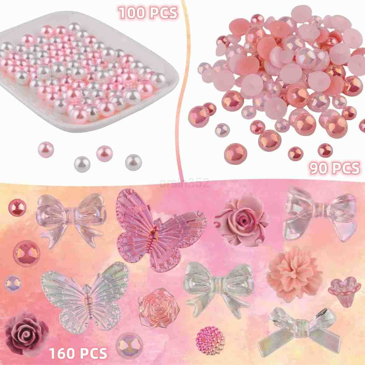 350 Pieces 3D Resin ABS Colorful Rose Flower Bows Butterfly Charms with Flatback Half Round Pearl Beads for Earring Necklace Craft DIY Making Supplies