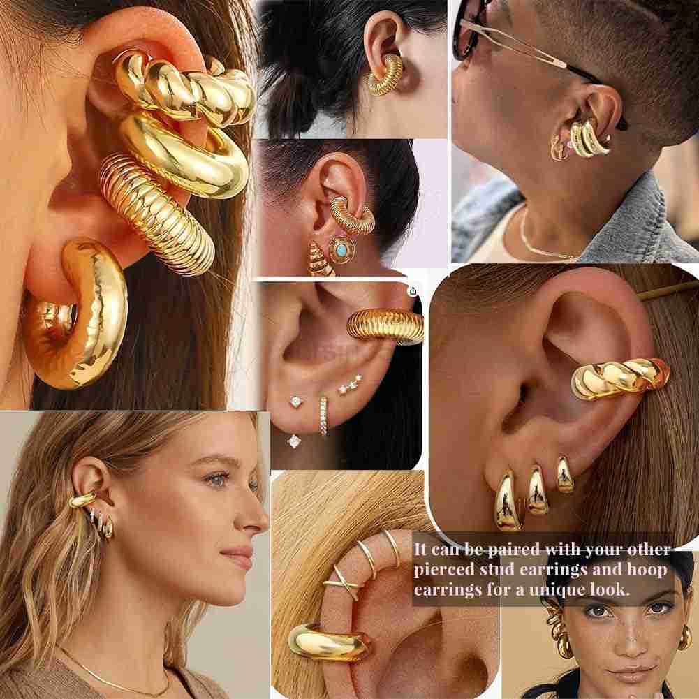 4 Pcs Chunky Ear Cuffs Non Piercing for Women 14K Gold Plated Clip On Cartilage Hoop Earrings Jewelry GiftsW250911
