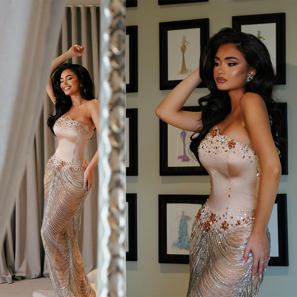 Designer Evening Dresses For Women Strapless Sleeveless Backless Gown Sequins Crystal Floor Length Dress Party Customized Dress