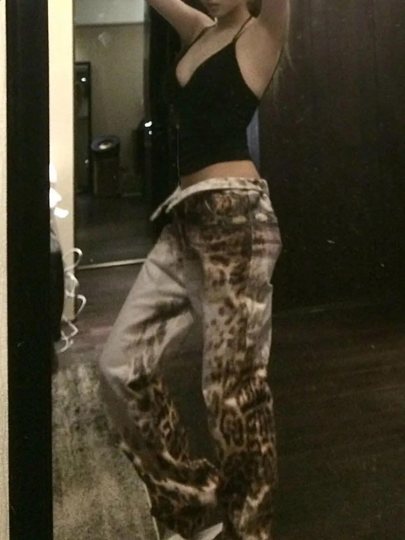 American Retro Leopard Print Gradient Wash Jeans Y2K Street Hip Hop Old Trousers Fashion Casual High Waist Straight Denim Pants 250911