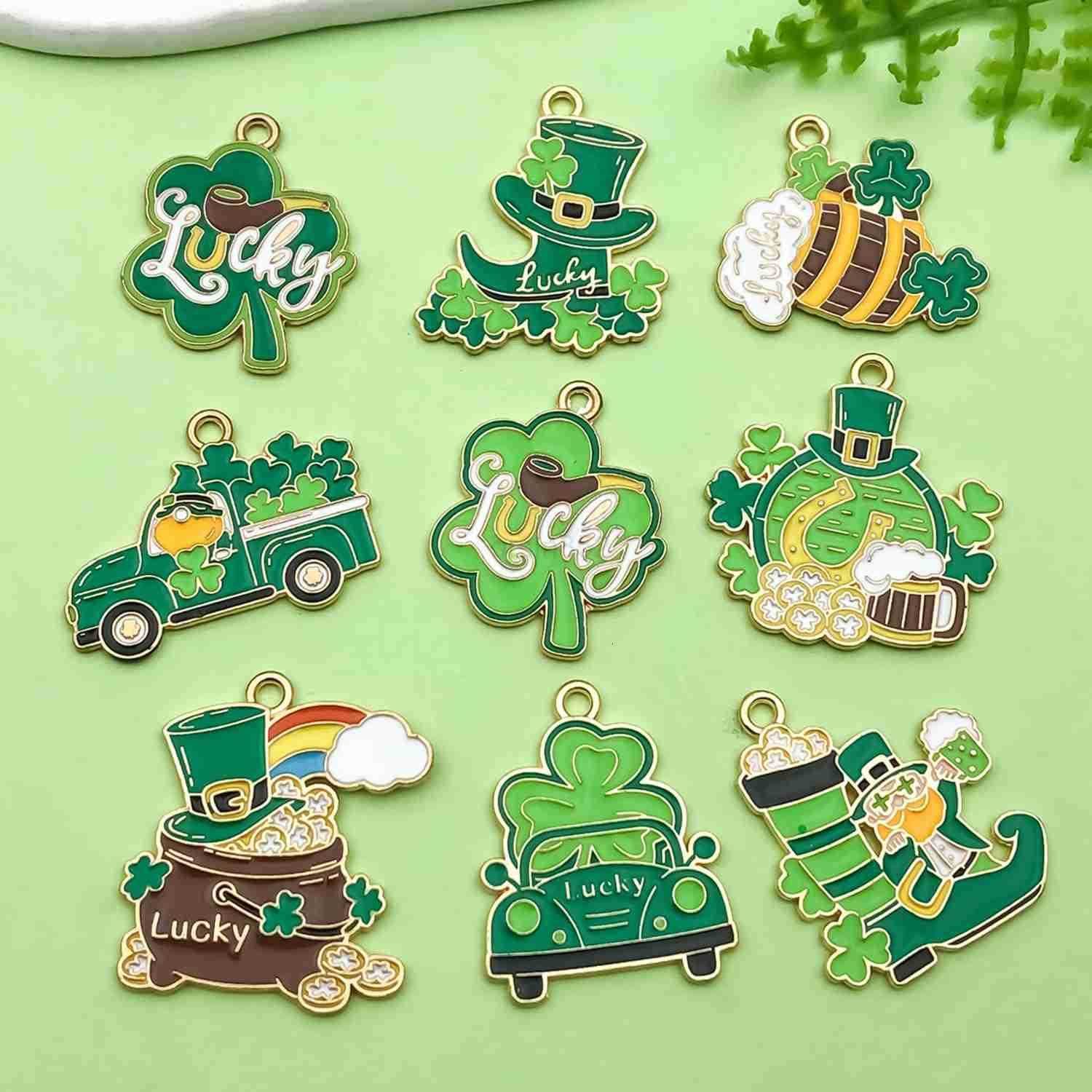 18pcs Alloy enamel green Irish Festival St Patricks Day clover carriage beer glass Jewelry Making DIY Keychain Earrings Pendant Various Design Charms 