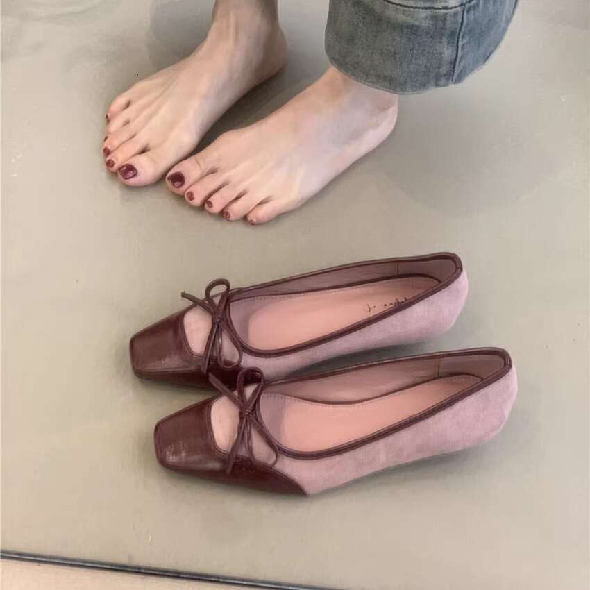 Gentle Pink Fairy Single 2025 Spring French Style Elegant Color Block Squ Toe Designer Shoe Shallow Mouth Wedge Shoes