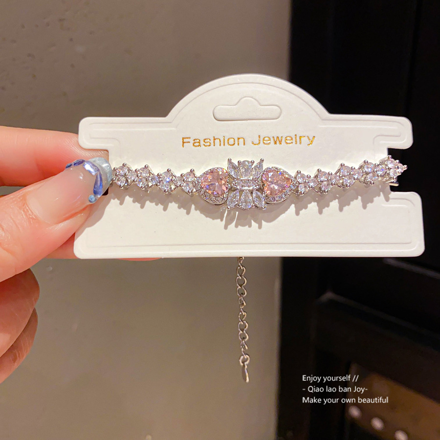 Silver - Toned Bracelet With Pink Heart - Shaped Crystals, Sparkly Clear Crystal Accents Delicate Daily & Elegant Jewelry Gift For Her High - Quality 