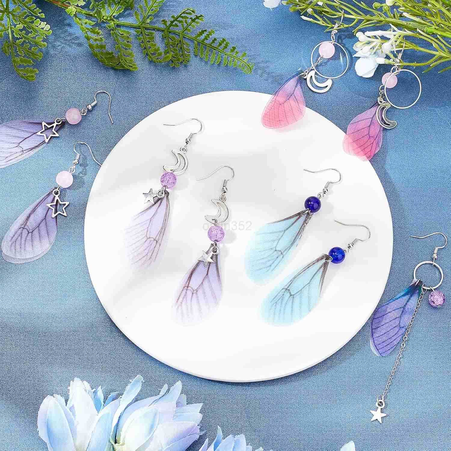 1 Box DIY 10 Pairs Butterfly Dragonfly Wing Earring Making Kits Moon Star Charms Fabric Wings Decoration Glass Beads with Jump Rings for Handmade Earr