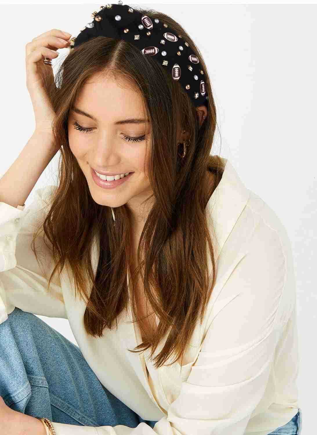 Knotted Headband Rhinestone Crystal Jeweled Baseball Charm Wide Headband Headpiece Fun Baseball Beaded Dangle Earrings for Women Spring Summer Game Da