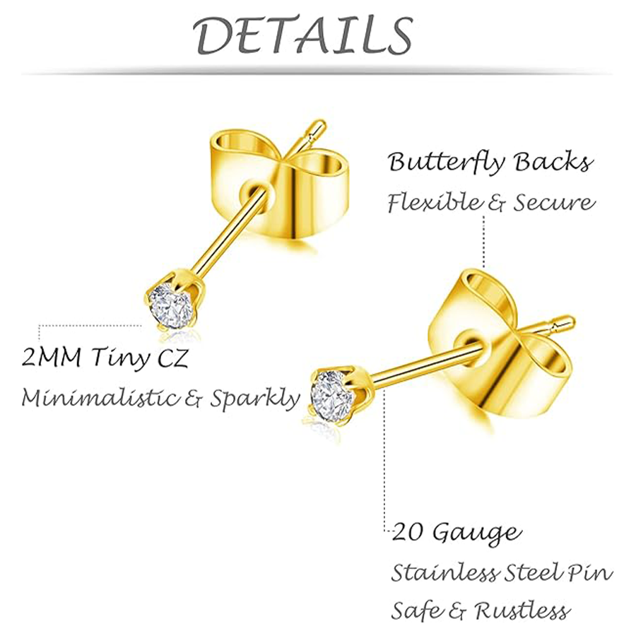10 Pairs 20G 2mm Tiny Stud Earrings 316L Stainless Steel Small CZ Earring Set For Men Women Gold Tone