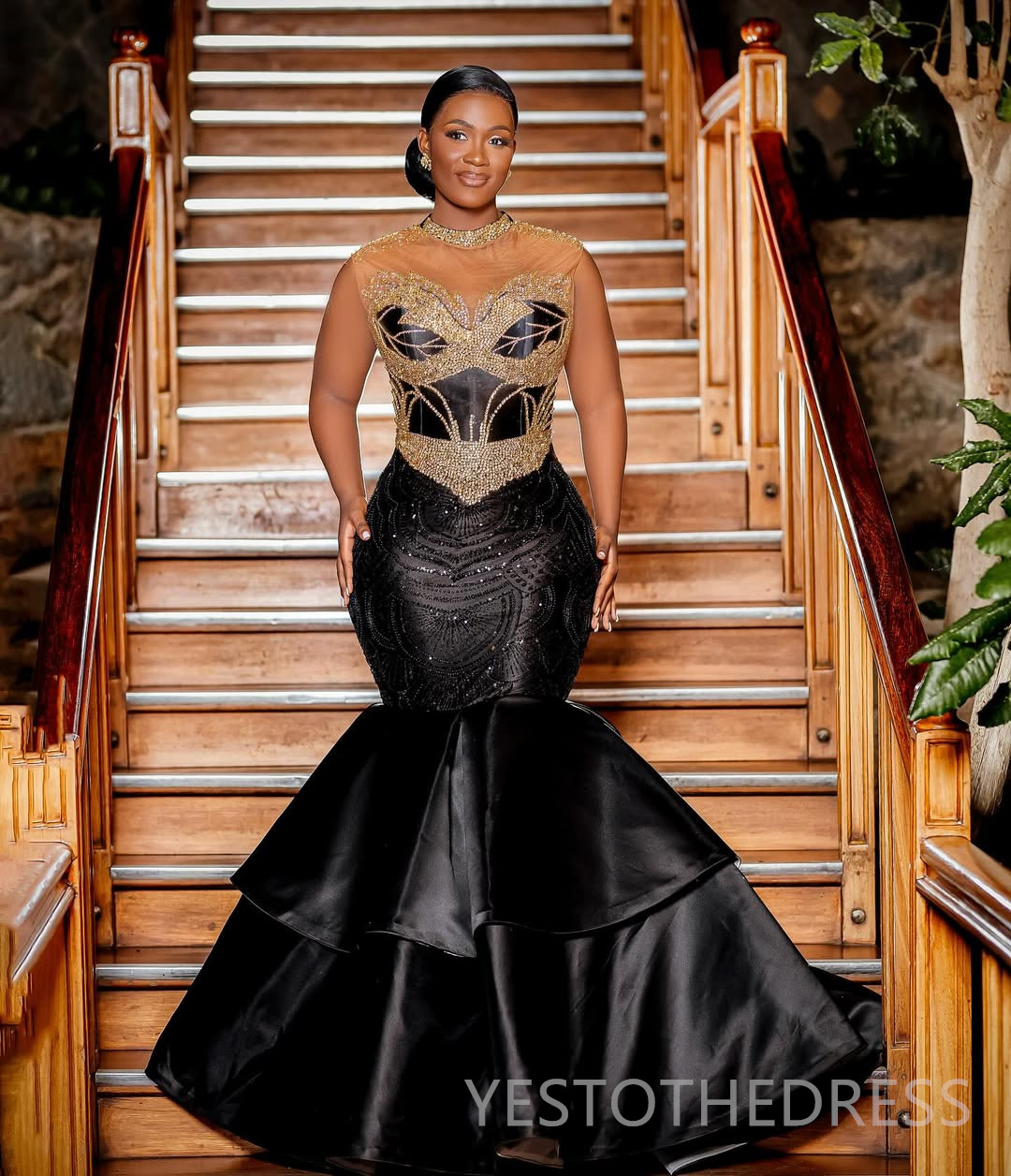 2025 Mermaid Black Prom Dresses For Black Women Evening Dresses Formal Gowns High Neck Beaded Crystals Birthday Dress Second Reception Gown AM2848