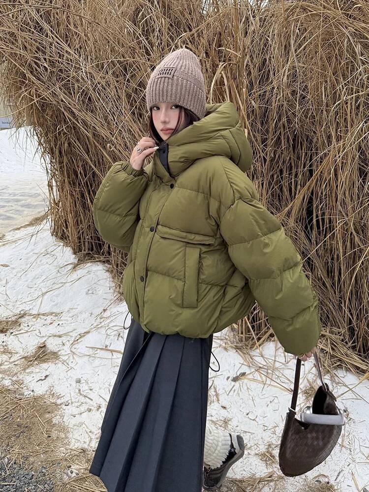Winter Big Pocket Solid Hooded Quilted Women 90 White Duck Parker Outwear Coat Female Loose Warm Short Down Jacket