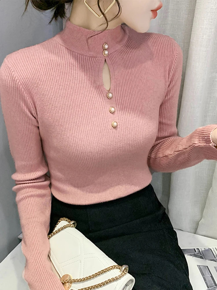 2026 Autumn Winter Pullovers Hollowout Sweaters Long Sleeve Women Half High Collar Sweater Female Slim Korean Knitwears Tops 250911