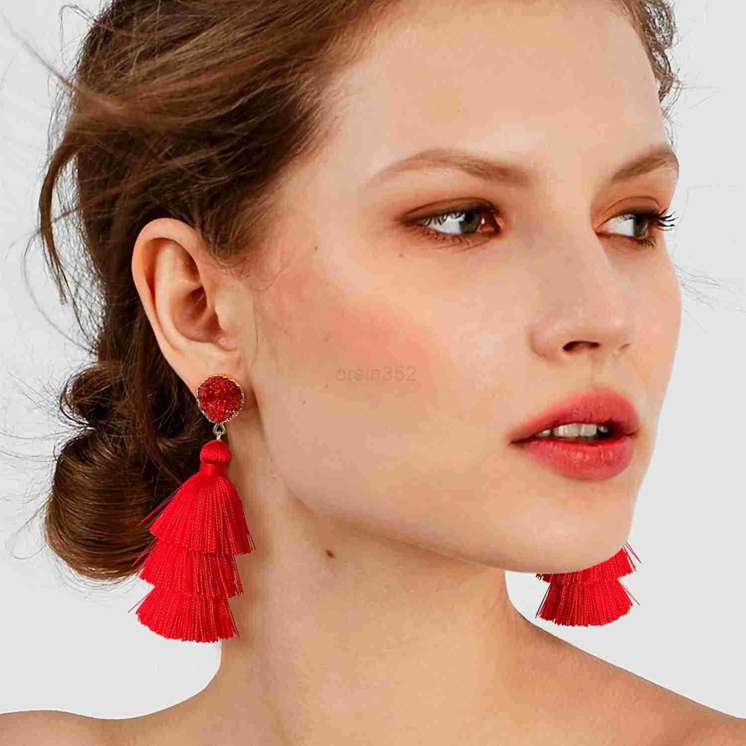 Colorful Layered Tassel Earrings Bohemian Statement Tiered Tassel Big Dangle Drop Earrings for Women Druzy Studs Christmas Mothers Day GiftW250911