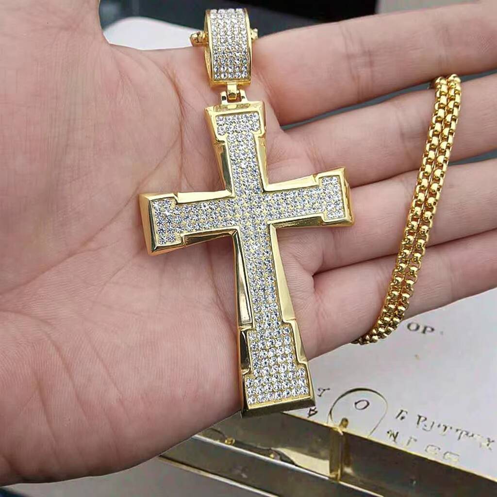 Hip Hop Mens Fully CZ Diamond Stainless Steel Cross Necklace Gold Plated Box Chain with Religious Style for Gift Engagement